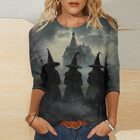 VKOYWKM Halloween Shirts for Women 3/4 Sleeve Halloween Witch Graphic T Shirts Holiday Crew Neck Three Quarter Length Sleeve Fall Blouses