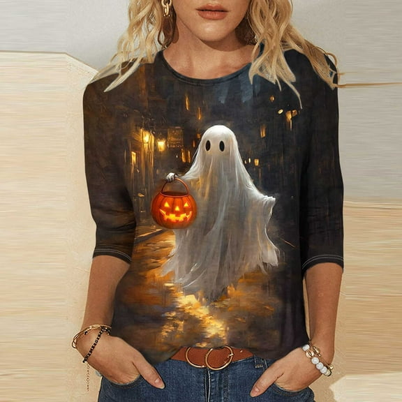VKOYWKM Halloween Shirts for Women 3/4 Sleeve Pumpkin T Shirts Casual Crew Neck Halloween Vintage Tops Spooky Pumpkin Ghost Graphic Tee