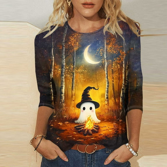VKOYWKM Halloween Shirts for Women 3/4 Sleeve T-Shirts Cute Print Halloween Tunic Tops Loose Fit Crew Neck Vintage Blouse