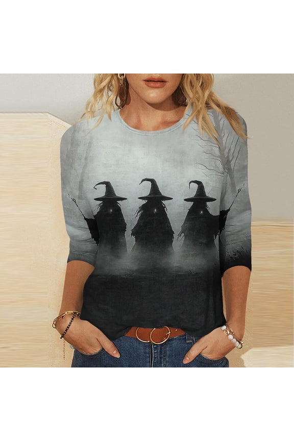 Halloween Shirts for Women 3/4 Sleeve T-Shirts Halloween Witch Graphic T Shirts Halloween Vintage Blouse Crew Neck Loose Spooky T-Shirts