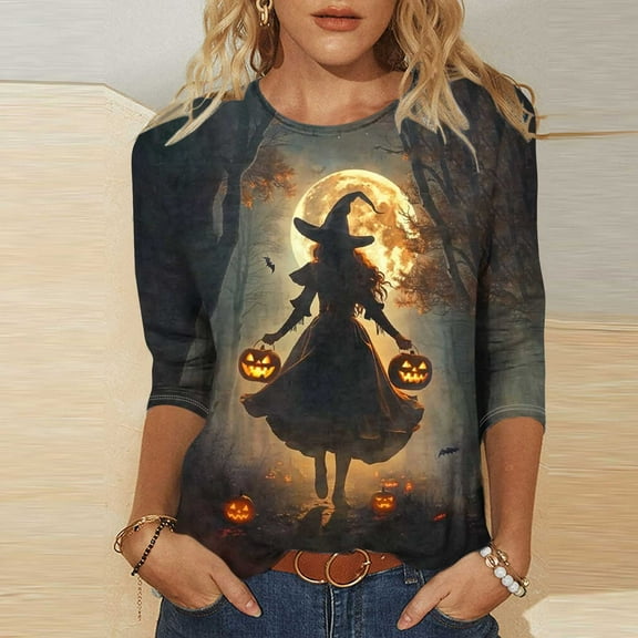 VKOYWKM Halloween Shirts for Women 3/4 Sleeve T-Shirts Witch Graphic T Shirt Crew Neck Halloween Vintage Tops Halloween Costumes