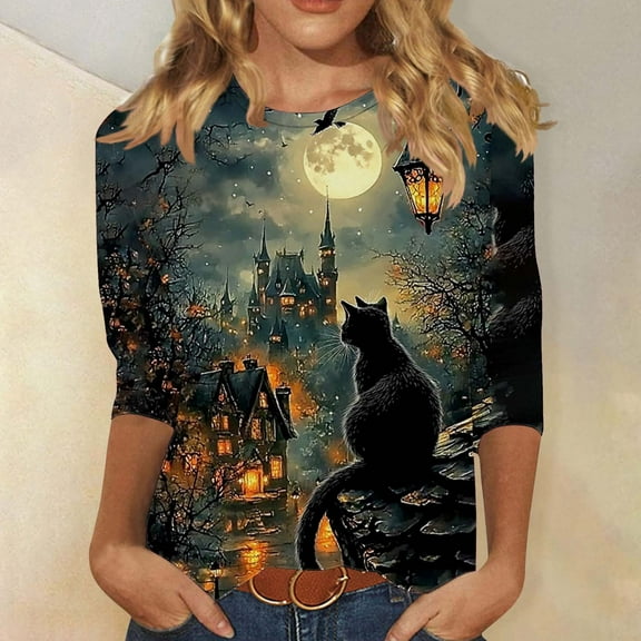 VKOYWKM Halloween Shirts for Women 3/4 Sleeve Tops Casual Crew Neck Halloween Vintage Tops Witch Graphic Tee