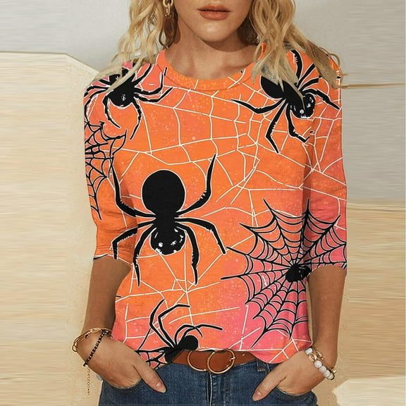 VKOYWKM Halloween Shirts for Women 3/4 Sleeve Tops Spiderweb Graphic Tees Holiday Crew Neck Halloween Vintage Shirts Tunic Top