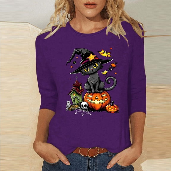VKOYWKM Halloween Shirts for Women Black Cat Graphic T Shirts 3/4 Length Sleeve Halloween Tops Party Round Neck Tunic Shirt Top
