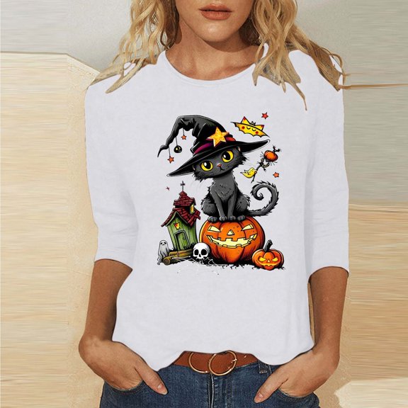 VKOYWKM Halloween Shirts for Women Black Cat Graphic T Shirts 3/4 Length Sleeve Halloween Tops Party Round Neck Tunic Shirt Top