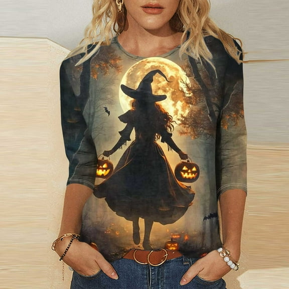 VKOYWKM Halloween Shirts for Women Halloween Witch Graphic T Shirts 3/4 Sleeve Halloween Party Blouse Crew Neck Loose Spooky T-Shirts