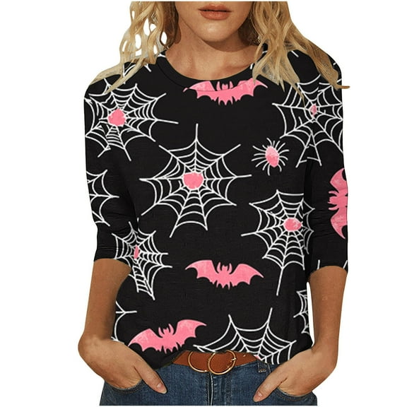 VKOYWKM Halloween Spiderweb Shirts for Women 3/4 Length Sleeve Women Tops Bat Graphic T Shirts Funny Crew Neck Party Tunic Top Blouses