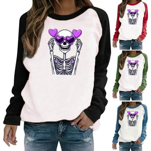 VKOYWKM Halloween Sweatshirts Women Skeleton Graphic Sweatshirts Crewneck Raglan Long Sleeve Fall Sweatshirt Vintage Spooky Halloween Pullover Sweatshirts