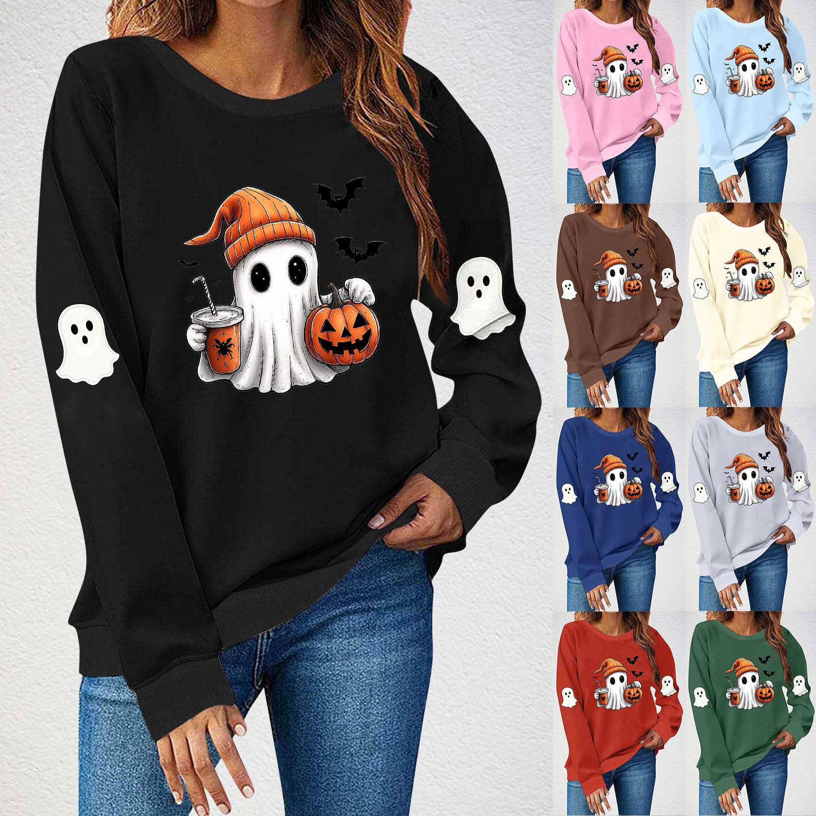 ASTANFY Felpa Fantasma Halloween Donna, Carina Con Ricamo Spettrale, Manica Lunga, Misto Cotone, Autunno