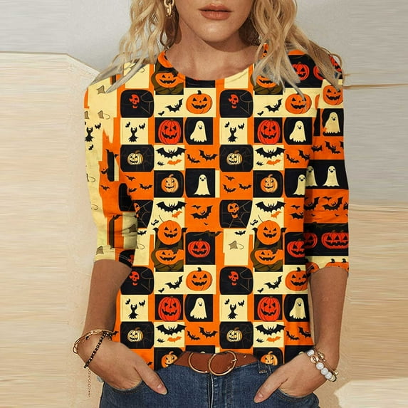 VKOYWKM Halloween T-Shirt for Women 3/4 Sleeve Pumpkin Graphic T Shirts Casual Round Neck Loose Fit Fall Top Funny Print Tees