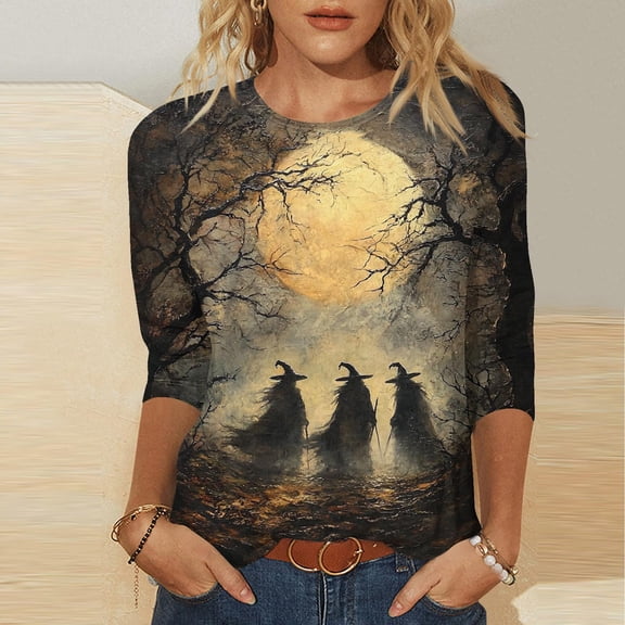 VKOYWKM Halloween T Shirts Women 3/4 Length Sleeve Womens Tops Halloween Witch Graphic Tees Casual Crew Neck Halloween Party Tunic Top