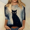 thumbnail image 1 of VKOYWKM Halloween T-Shirts Women 3/4 Sleeve Halloween Black Cat Print Crew Neck Pullover Tees Loose Fit Comfy Fall Tunic Tops Halloween Costumes, 1 of 5