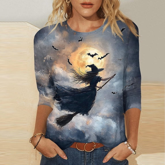VKOYWKM Halloween T Shirts Women 3/4 Sleeve Halloween Witch Graphic T Shirts Fall Crew Neck Party Tops Loose Fit Tunic Blouse