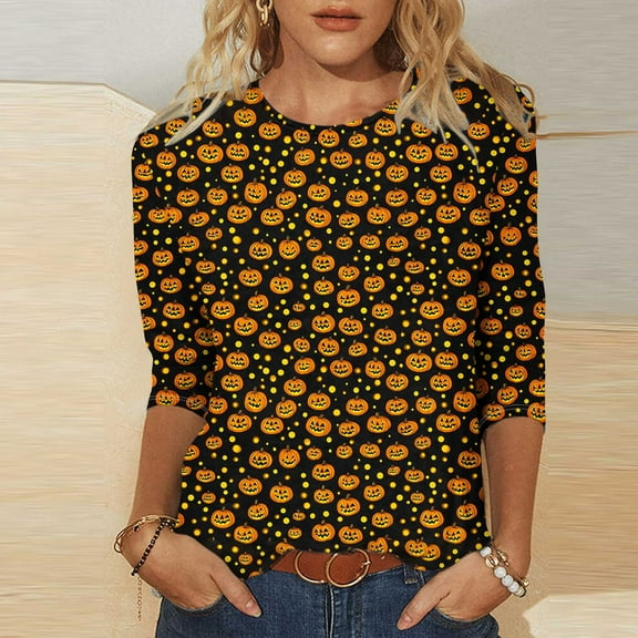 VKOYWKM Halloween T-Shirts for Women 3/4 Sleeve Halloween Pumpkin Graphic T Shirts Fall Crew Neck Spooky Tops Loose Fit Tunic Blouse