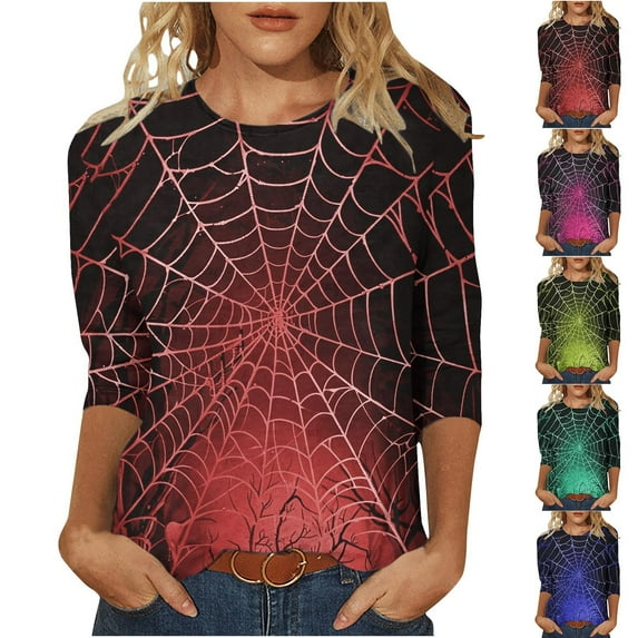 VKOYWKM Halloween T Shirts for Women 3/4 Sleeve Halloween Spiderweb Graphic T Shirts Crew Neck Loose Fit Holiday Party Blouses