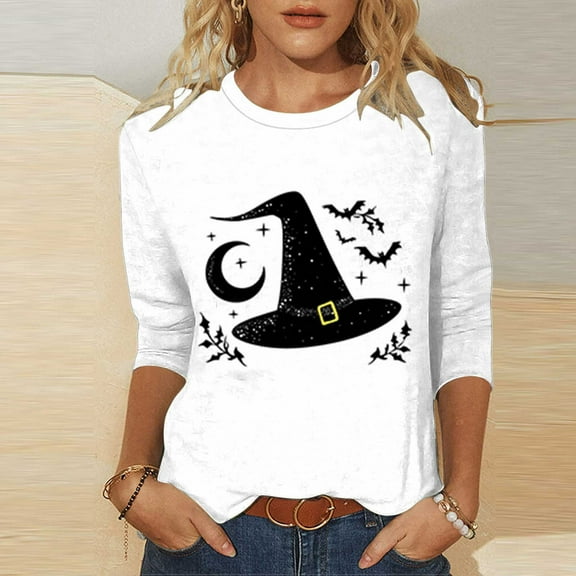 VKOYWKM Halloween T-Shirts for Women Spooky Graphic T Shirts 3/4 Length Sleeve Halloween Tops Vintage Round Neck Tunic Shirt Top