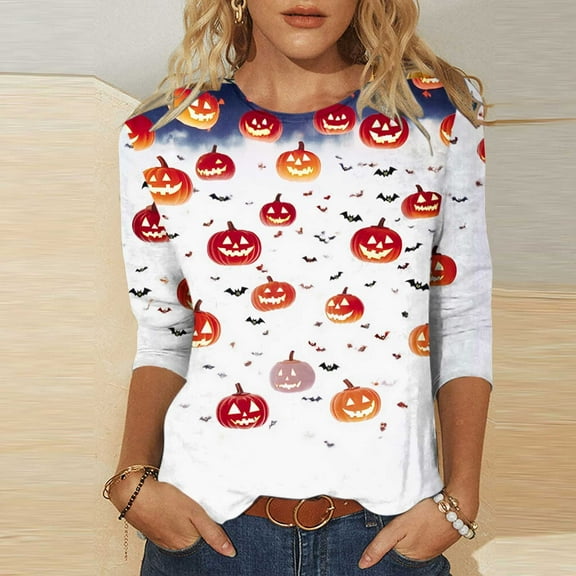 VKOYWKM Halloween Tees for Women 3/4 Sleeve Pumpkin T Shirt Crew Neck Halloween Tops Funny Spooky Print Tees