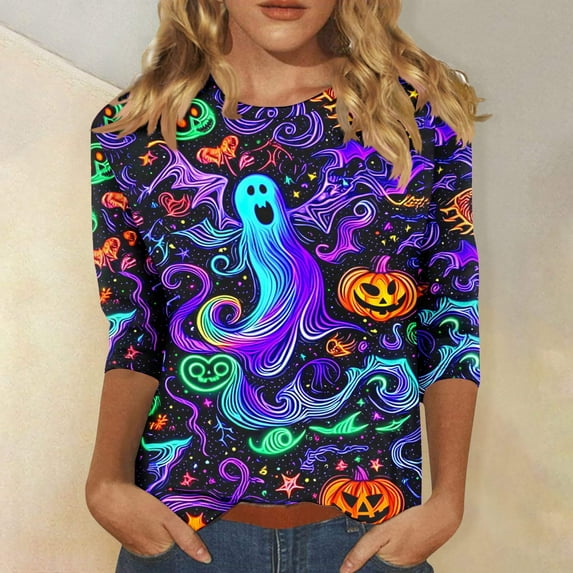 VKOYWKM Halloween Top for Women 3/4 Sleeve Funny Spooky Graphic Tees Fall Crew Neck Loose Fit Vintage Halloween T-Shirts Shirts