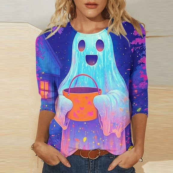 VKOYWKM Halloween Tops for Women 3/4 Sleeve Funny Ghostface Graphic T Shirts Holiday Crew Neck Spooky Top Blouses