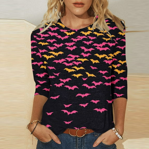 VKOYWKM Halloween Tops for Women Round Neck 3/4 Length Sleeve T Shirt Loose Fit Halloween Bat Print Pullover Fall Half Sleeve Graphic Tees