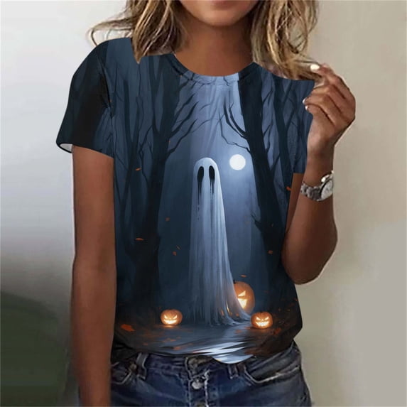 VKOYWKM Halloween Tshirts for Women Ghost Graphic Tees Crew Neck Loose Fit Short Sleeve T-Shirts Holiday Party Tops
