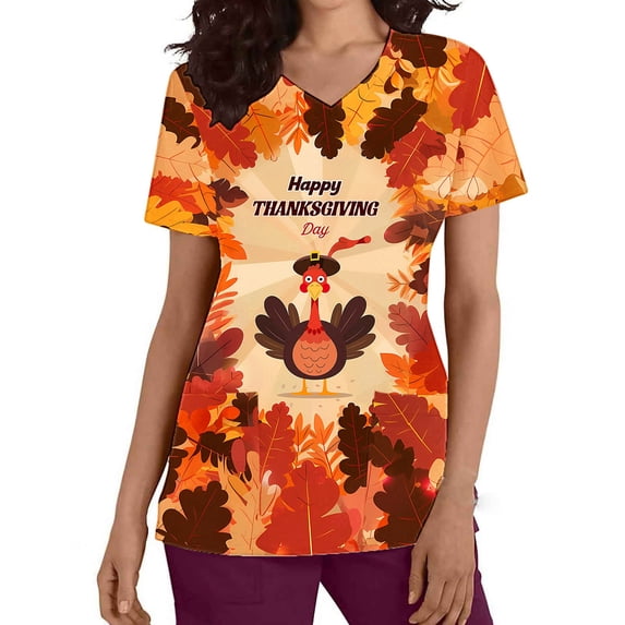 VKOYWKM Happy Thanksgiving Scrub Tops for Women Turkey Graphic T Shirt Work Uniform V Neck Short Sleeve Loose Fit Nursing Tops with Pockets Thankful Grateful and Blessed Women Scrubs