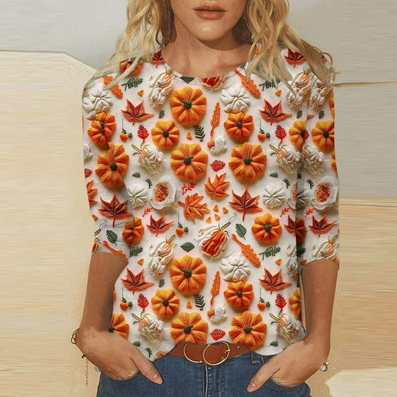 VKOYWKM Happy Thanksgiving Shirts for Women 3/4 Length Sleeve Womens Tops Pumpkin Graphic Tees Holiday Crew Neck Thankful Blessed T-Shirts Blouses