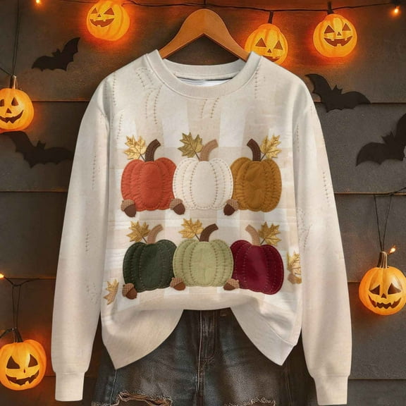 VKOYWKM Happy Thanksgiving Sweatshirt for Women Casual Crewneck Sweatshirt Funny Pumpkin Graphic Pullover Long Sleeve Oversized Sweatshirts