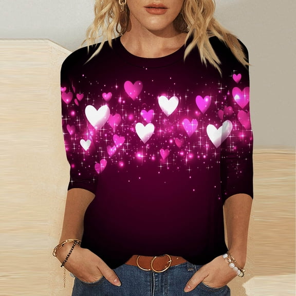 VKOYWKM Heart Print Shirts Women Valentine T-Shirts Tops 3/4 Sleeve Casual Crew Neck Love Heart T-Shirts Happy Valentines Day Blouses