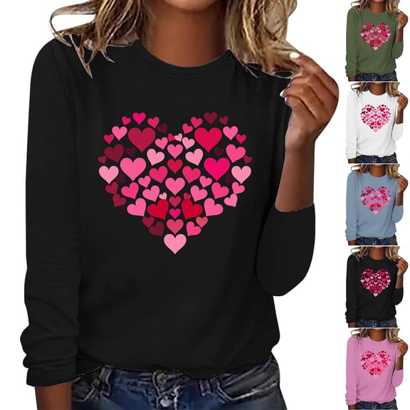 VKOYWKM Heart Print T Shirts for Women Valentines Day T-Shirts Holiday Crewneck Tops Casual Long Sleeve T Shirts Valentine Gift Top Spring Fashion
