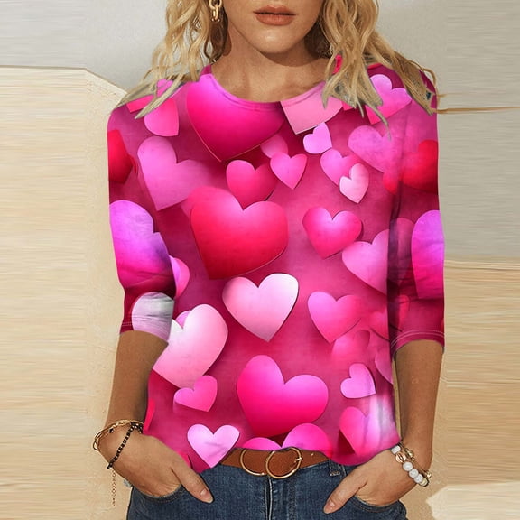 VKOYWKM Heart Print Tops Women Valentine's T-Shirts 3/4 Sleeve Tops Holiday Crewneck Loose Fit Valentine's Day Blouses