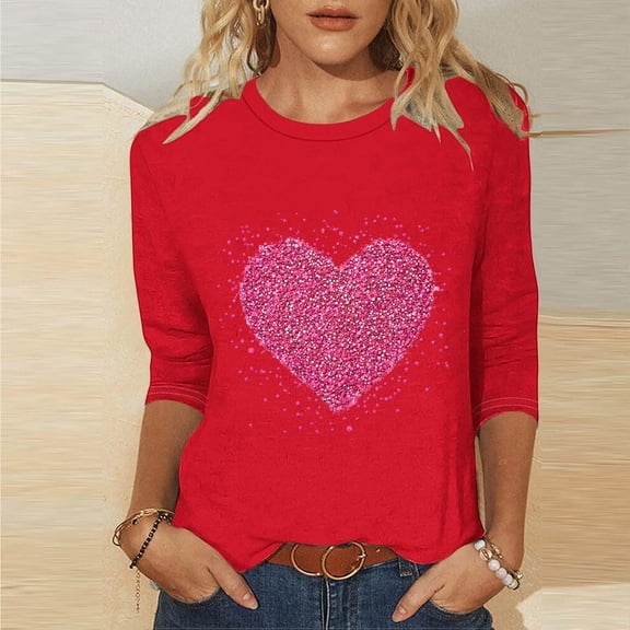 VKOYWKM Heart T-Shirts Women Valentine Shirts Love Graphic Tees Valentine 3/4 Sleeve Tops Holiday Crew Neck Valentines Day Heart Blouses