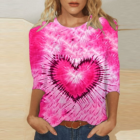 VKOYWKM Heart T-Shirts for Women Valentine Shirts 3/4 Length Sleeve Women Tops Heart Graphic Tees Crew Neck Holiday T-Shirts Valentines Day Gifts