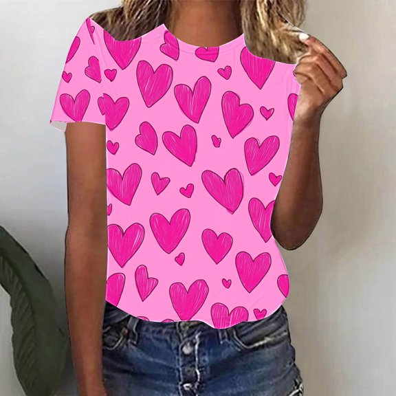 VKOYWKM Heart T Shirts for Women Valentines Day Shirts Romantic Heart Graphic Tees Tops Holiday Crewneck Loose Fit Valentines Day T Shirts