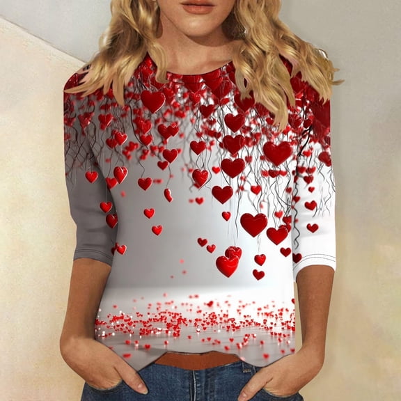 VKOYWKM Heart Tops Women Valentines Day T-Shirts 3/4 Sleeve Heart Graphic Tees Womens Tops Holiday Crew Neck Spring T Shirts Romantic Heart Top