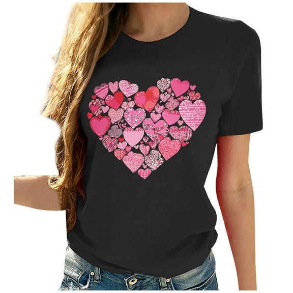 VKOYWKM Heart Tops Women Valentines Day T-Shirts Romantic Heart Graphic Tees Valentine Gift Top Short Sleeve Casual Crew Neck Holiday Tshirts