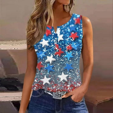 VKOYWKM Henley V Neck Tank Top for Women American Flag 4th of July Tank Tops Graphic Sleeveless Shirts Patriotic USA Flag Independence Day Tops