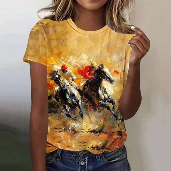 VKOYWKM Horse Racing Shirt for Women Plus Size Summer T Shirts Horse Print Short Sleeve Tops Loose Fit Crew Neck Tee Shirts