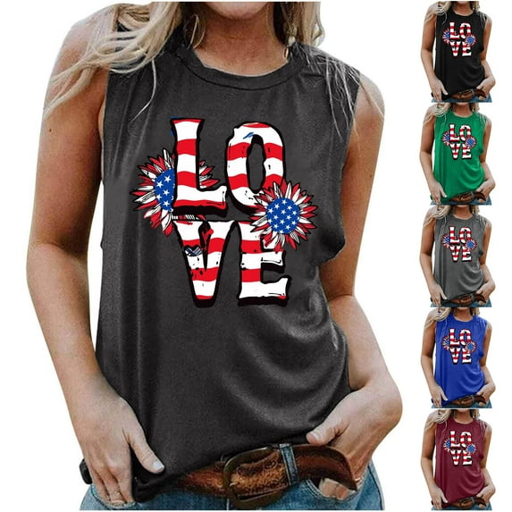 VKOYWKM Independence Day Tank Tops Women American Flag Graphic Tank Shirts Patriotic 4th of July Tanks Sleeveless Crew Neck Red White and Blue Tops