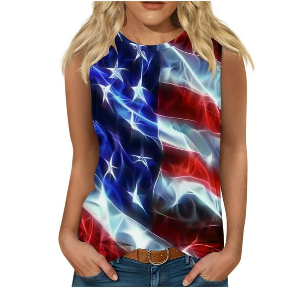 VKOYWKM Independence Day Tank Tops for Women American Flag Print Tank Shirts Sleeveless Casual Summer Top Patriotic Crew Neck Workout Tank Top