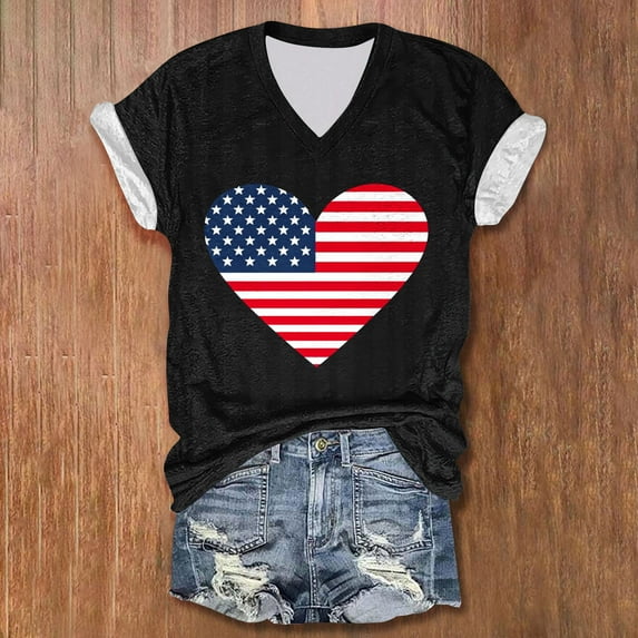 VKOYWKM Independence Day Tee Shirts for Women 4th of July Short Sleeve Tops Patriotic Stars Stripes Graphic T Shirts Casual V Neck American Flag T-Shirts