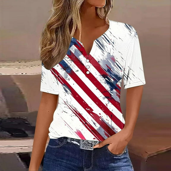 VKOYWKM Independence Day Tops for Women 4th of July Patriotic T Shirts American Flag Star Stripe Graphic Tees Henley Shirts Short Sleeve Button V Neck Red White and Blue Tshirts