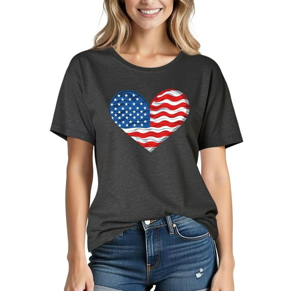 VKOYWKM July 4th Tops for Women American Flag Heart Graphic T Shirts USA Patriotic Independence Day Top Holiday Crewneck Short Sleeve Oversized T-Shirts