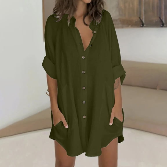 VKOYWKM Linen Button Down Shirts for Women Long Sleeve Stand Collar Fall Tops Plus Size Loose Fit Solid Cotton Linen Shirt Work Tunic Blouses