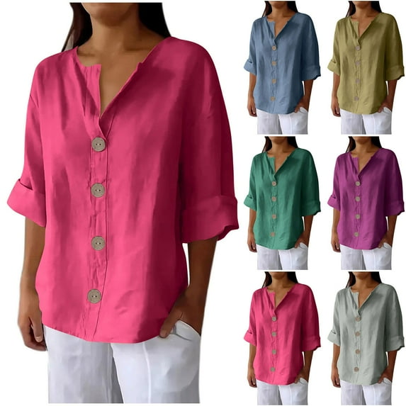 VKOYWKM Linen Button Down Shirts for Women Plus Size V Neck Roll-Up 3/4 Sleeve Tops Solid Casual Loose Fit Tunic Top Summer Blouses