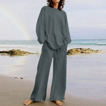 VKOYWKM Linen Sets for Women 2 Piece Lounge Sets Solid Crew Neck Long Sleeve Tops and Wide Leg Pants Sets Loose Comfy Cotton Linen Outfits with Pockets