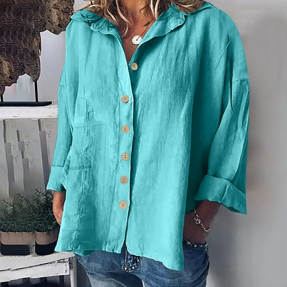 VKOYWKM Linen Shirts for Women Loose Fit Long Sleeve Button Down Shirts Plus Size Dressy Casual Work Blouses Solid Color Cotton Linen Tops