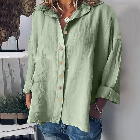 VKOYWKM Linen Shirts for Women Loose Fit Long Sleeve Button Down Shirts Plus Size Dressy Casual Work Blouses Solid Color Cotton Linen Tops
