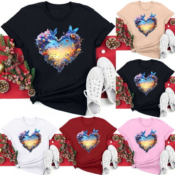 VKOYWKM Love Heart Shirts Women Valentine's Day T-Shirts Heart Graphic Tees Short Sleeve Crew Neck Cute Tops Loose Fit Romantic Holiday T Shirts