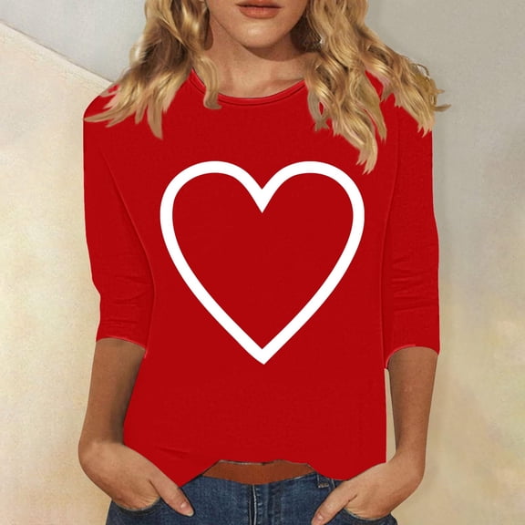 VKOYWKM Love Heart Shirts Women Valentines Day T-Shirts Cute Heart Print 3/4 Sleeve Tops Holiday T Shirts Casual Crew Neck Romantic Tshirts